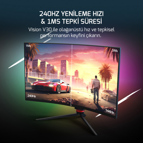 GamePower 32'' Vision V30 Curved 1000R RGB 240Hz 1ms 2K (QHD) , Kvm, Speaker, Type C Gaming Monitör (Sıfır Ölü Piksel Garantili)